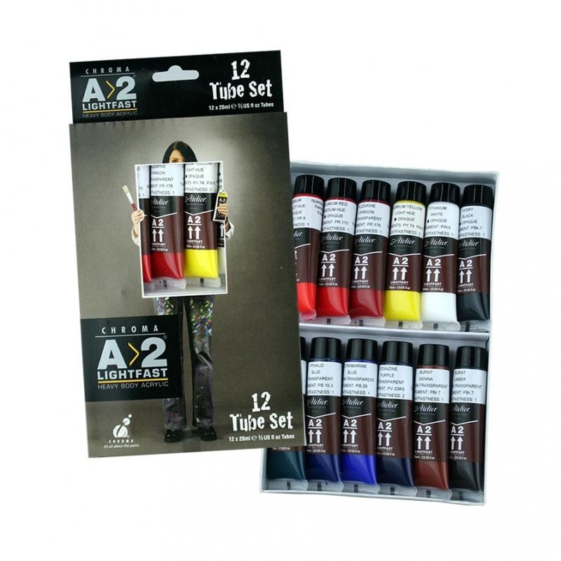 Chroma A2 Lightfast Heavy Body Acrylic Paint Tube 20ml Set of 12